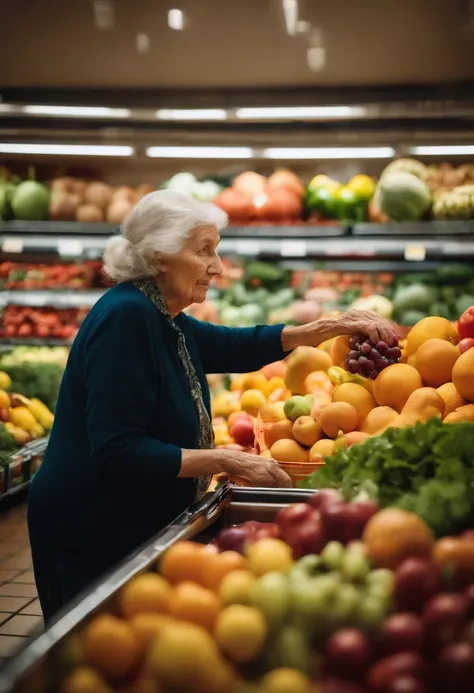 An old woman carefully selecting fresh fruits and vegetables from a colorful display at the supermarket, with her wrinkled hands reaching out to examine each item