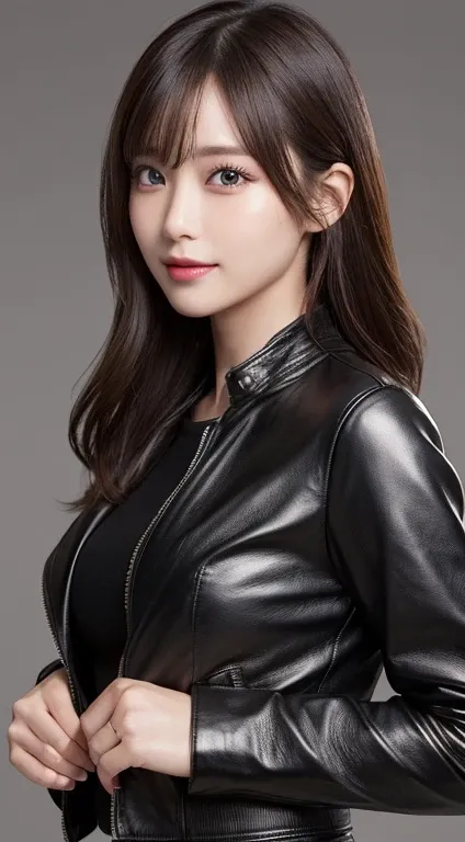 masutepiece, Best Quality, Ultra-detailed details, hight resolution, 8K Wallpaper, Perfect dynamic composition, Beautiful detailed eyes, ((shiny black leather jacket)),Longhaire,Brown hair、huge-breasted：1.3、Natural Color Lip, Bold sexy poses,Smile、30-year-...