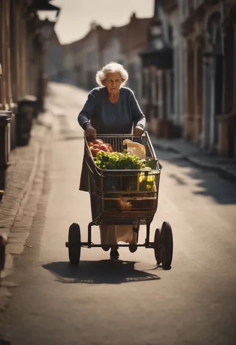 A high-resolution image of an old woman pushing a cart filled with groceries, her expression showcasing a mix of determination and contentment.