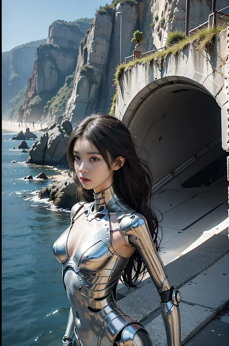 Best quality, delicate face, 25-year-old girl, slim body, body made of metal, small bust, metal structural skeleton, seaside, standing posture, beach, huge spaceship floating in the air, cyberpunk, sci-fi