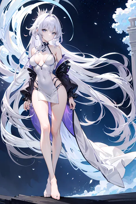 Lilac gradient hair,Asymmetrical hair,（（Hair is very thick 1.8，Hair is well-defined1.6））， Hair over the shoulder, messy  hair, Very long hair, shinny hair，(Long gray hair:1.2),A beautyful girl，（Luxurious Platinum Mini Lolita，Made of transparent material），（...