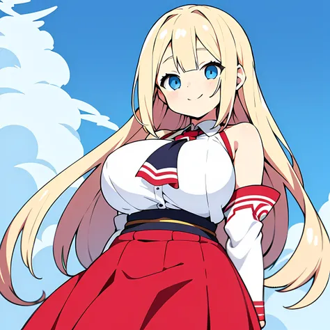 anime girl, 1 older girl, shoulder length hair, blond hair, chubby figure, tight white shirt, big boobs, smile, blue eyes, short stature, long red skirt, high quality, fine quality, best quality, single girl