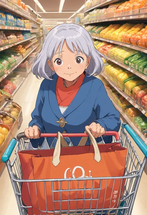 A close-up shot of an old woman’s handbag sitting in the shopping cart, filled with a carefully curated list and coupons for the supermarket.