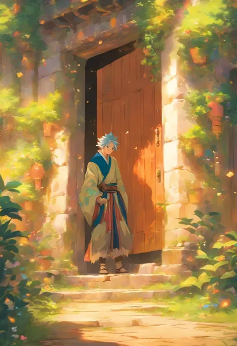 Setting: An elderly male is peeking through a slightly opened door.

Background:

Sky: Fantasy like, Anime like, bright.

Atmosphere: Godlike composition, amazing composition, yellow, blue, and pink shades, allow them to blend in with the surroundings and ...