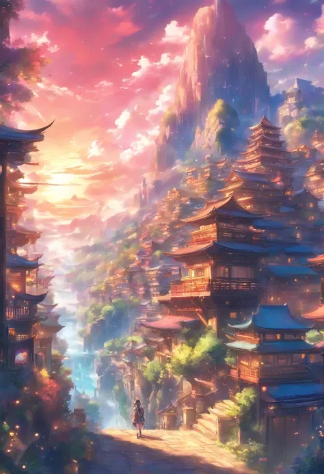 Setting: A massive clearing showcasing a captivating view of a massive and angelic town.

Background:

Sky: Fantasy like, Anime like, vivid and alive.

Atmosphere: Amazing composition, blue, pink, and purple and yellow shades, allow them to blend in with t...