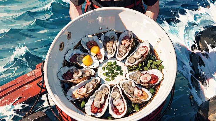 The fishermen picked up a lot of oysters and put them in buckets on the sunny beach. --auto --s2