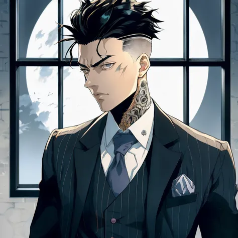 Theres a man in a suit and tie standing in front of a window, Gatilho Estilo de Arte de Anime, cara bonito na arte demon slayer, kentaro miura manga art style, Arte Oficial, homem bonito anime, inspired by Munakata Shikō, estilo anime jojo, Kentaro Miura e...