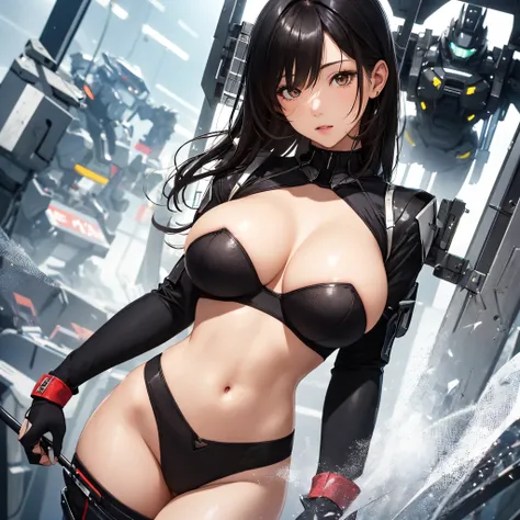 ​masterpiece、Top image quality、Black hair、Black bra、Colossal tits、mechs、animesque、8K,​masterpiece, bset quality,Colossal tits、（1girl in）、((Pit Girl Suit))、shinny skin、Shiny big、dark-brown eyes、 ((top-quality))、 Crisp focus:1.2、Highly detailed facial and sk...