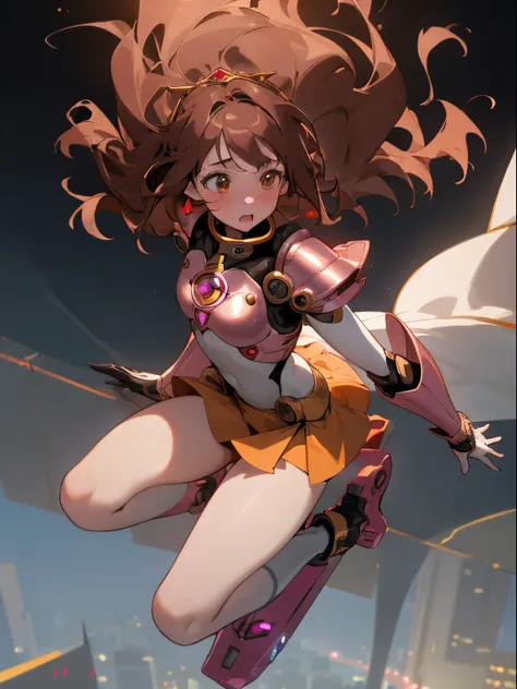 (best quality, masterpiece), 1girl, ((magical girl)), pale skin, big nose, blushed cheeks, wide mouth, brown hair, messy hair, tangled hair, beautiful eyes, red coronet, nerdy, sci-fi armour, detailed outfit, red and gold outfit, gold outlines, miniskirt, ...