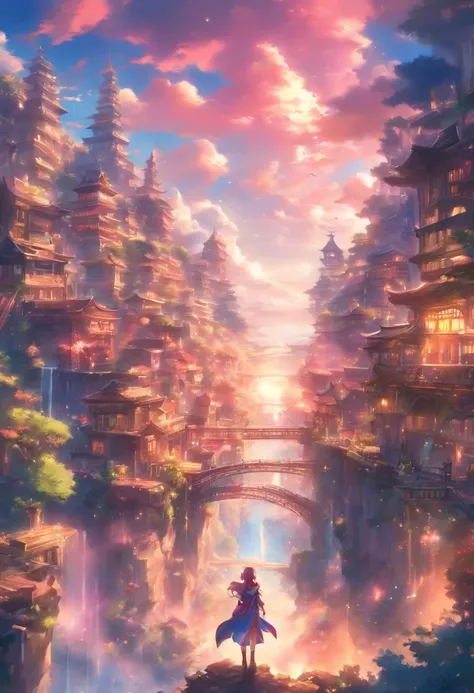 Setting: A massive clearing showcasing a captivating view of a massive and angelic town. View taken from a cliffside

Background:

Sky: Fantasy like, Anime like, vivid and alive.

Atmosphere: Amazing composition, blue, pink, and purple and yellow shades, a...