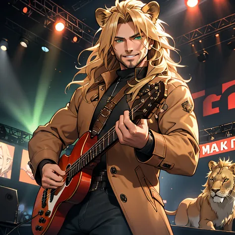 Brown leather coat, One male, lion ears, long hair, blond, blond hair, green eyes, tall, muscular, beautiful face, highest quality, masterpiece, 3d, anime, perfect face, highest detail, feline eyes, stubble, lion tail, wavy hair, cowboy shot, detailed face...