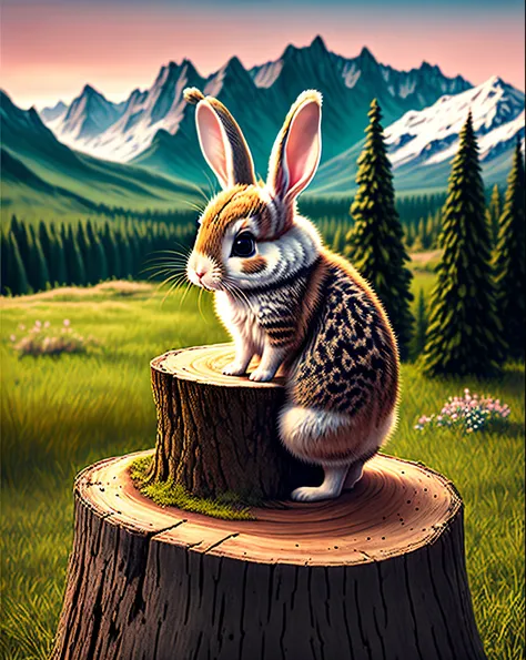 A little bunny climbed onto a stump and admires the valley