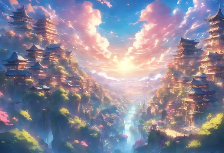 Setting: A massive clearing showcasing a captivating view of a massive and angelic town.

Background:

Sky: Fantasy like, Anime like, vivid and alive.

Atmosphere: Amazing composition, blue, pink, and purple and yellow shades, allow them to blend in with t...