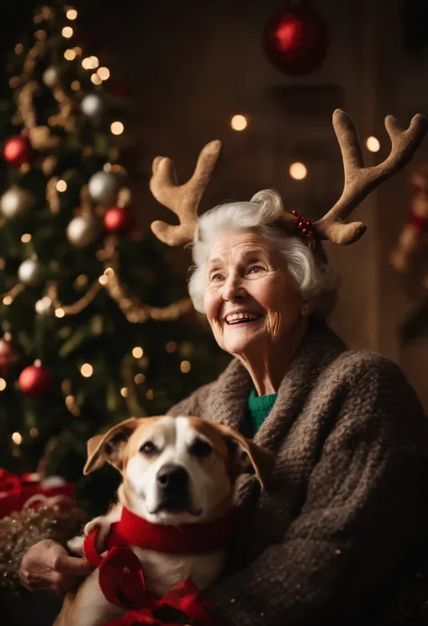 A detailed shot of an old woman holding her dog in her arms, both wearing reindeer antlers and a big smile, surrounded by Christmas decorations.