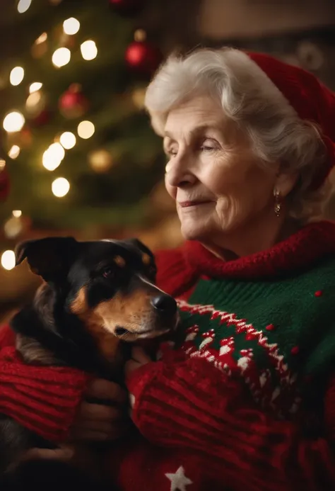 A close-up image of an old woman and her dog in Christmas-themed knitted sweaters, capturing the intricate design and cozy feel of the outfits.