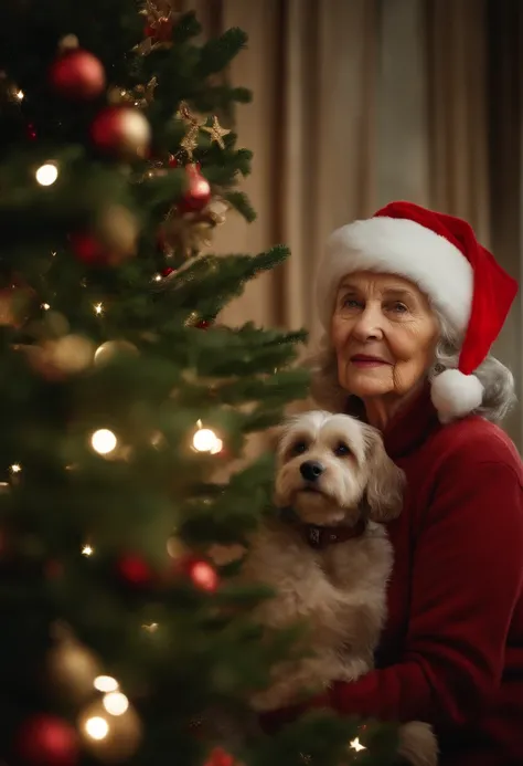 An old woman and her dog standing next to a beautifully decorated Christmas tree, both wearing Santa hats and enjoying the festive atmosphere.