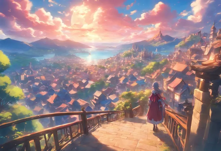 Setting: A massive clearing showcasing a captivating view of a massive and angelic town. View taken from a cliffside with wooden railings.

Background:

Sky: Fantasy-like, Anime-like, vivid.

Atmosphere: Amazing composition, blue, pink, and purple and yell...