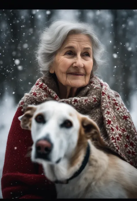 A detailed shot of an old woman and her dog wearing matching Christmas scarves, with snowflakes gently falling around them, creating a magical winter scene.