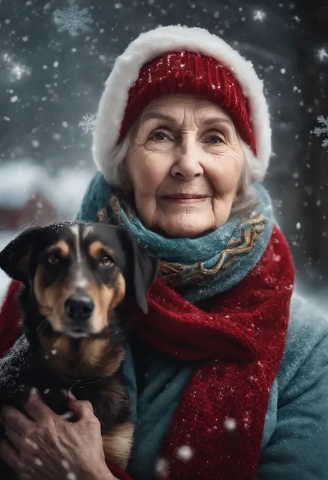 A detailed shot of an old woman and her dog wearing matching Christmas scarves, with snowflakes gently falling around them, creating a magical winter scene.