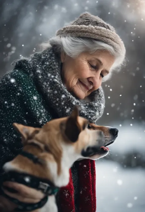 A detailed shot of an old woman and her dog wearing matching Christmas scarves, with snowflakes gently falling around them, creating a magical winter scene.