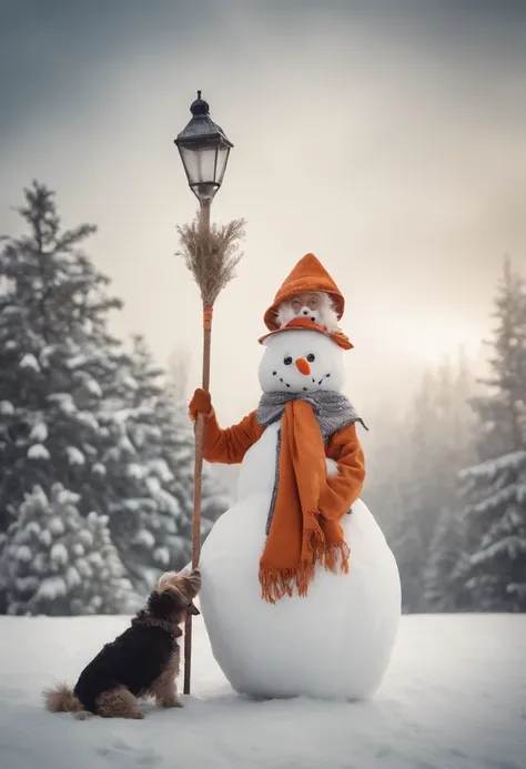 An old woman and her dog dressed as snowmen, with the dog wearing a carrot nose and the woman holding a broomstick, adding a whimsical touch to their holiday attire