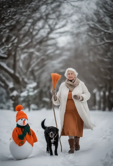 An old woman and her dog dressed as snowmen, with the dog wearing a carrot nose and the woman holding a broomstick, adding a whimsical touch to their holiday attire