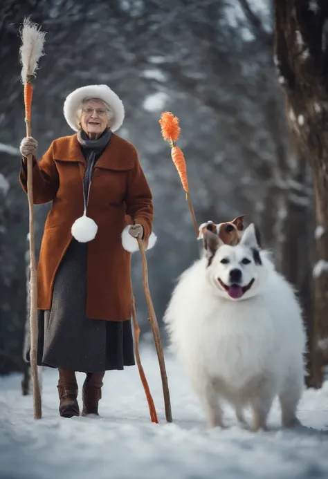 An old woman and her dog dressed as snowmen, with the dog wearing a carrot nose and the woman holding a broomstick, adding a whimsical touch to their holiday attire