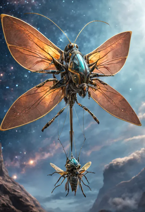 A beautifull and realistic insect ornithopter, biomecanic alien . Lot of textured and colored. a beautifull world it visible and galaxy too