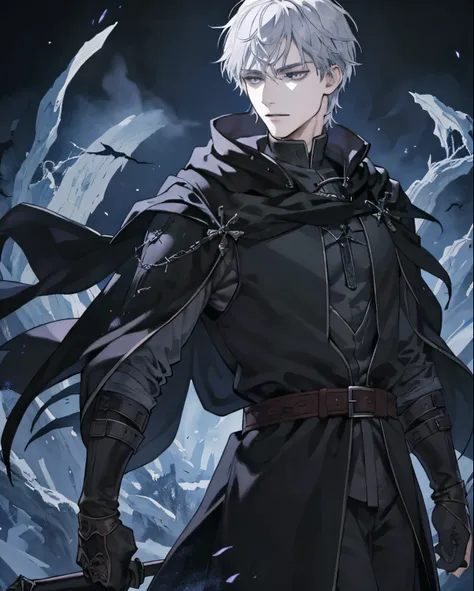 1male, medieval fantasy, beautiful, depressed, silver hair, black eyes, detailed eyes, (rogue mage, black cloak), (dark sorcerer...