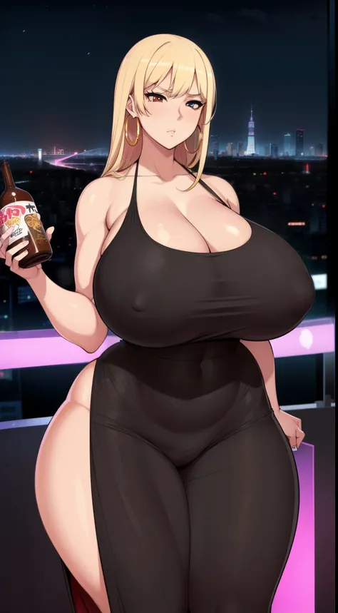 (masterpiece, best quality, ultra high res, beautiful detailed hair detailed face, perfect feminine face), 1girl,  (((bimbo))),(hoop earrings), blonde hair, wide hips, thick thighs, bursting breasts, gigantic breasts, giga breasts, Nightlife, Night city, C...