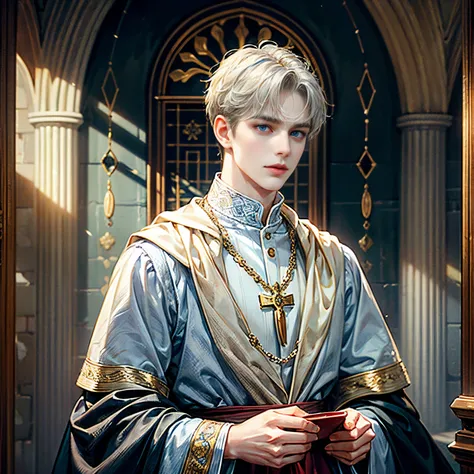 he is a very beautiful fair-skinned boy., hymn:1.8,  medieval bishop&#39;s clothes, Photorealistic style. 8K resolution. Very detailed. Looking at Viewer. Upper body focus. No person:1.8, Realistic background, beautiful and delicate white short hair, Blue ...