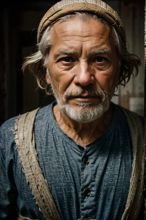 “Portrait of an old fisherman at sea, using natural light to highlight weathered textures.”