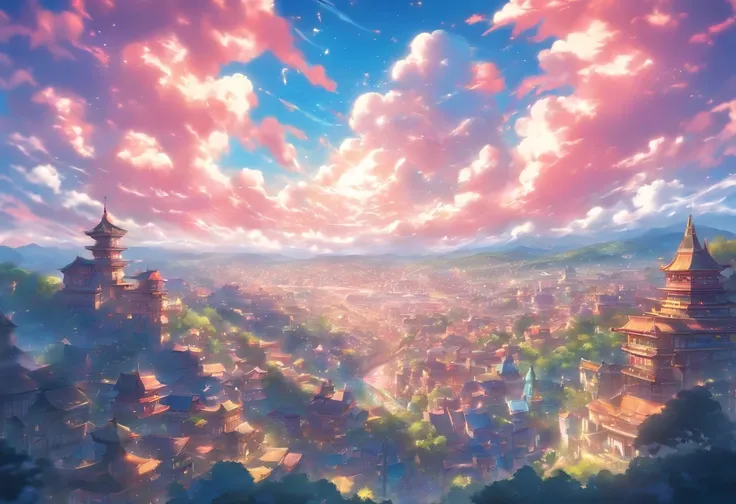 Setting: A massive clearing showcasing a captivating view of a massive and angelic town. View taken from a cliffside

Background:

Sky: Fantasy like, Anime like, vivid and alive.

Atmosphere: Amazing composition, blue, pink, and purple and yellow shades, a...