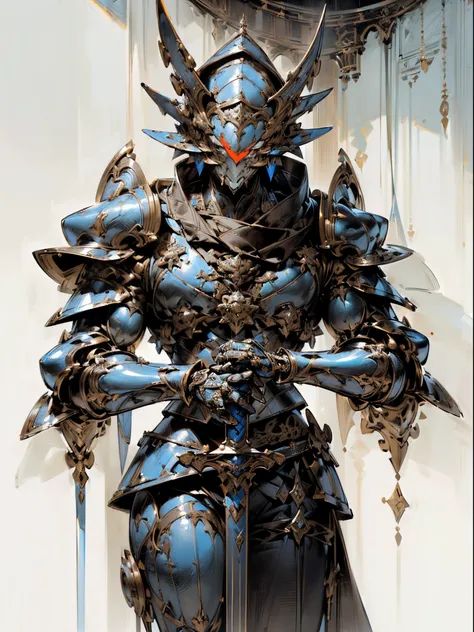 ((Best quality at best, 8K, tmasterpiece: 1.4)),((Stunningly detailed: 1.3)),((A high resolution: 1.2)),((The structure is correct1.1)),Gigantic body，male people，Huge and thick armor，towering helmet，Intricate ornate armor patterns，Holding a huge sword，midy...