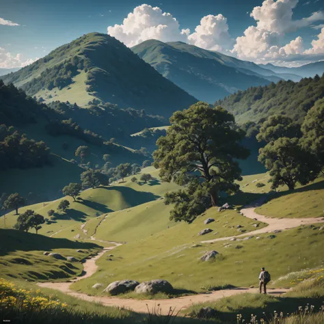 ultra realistic digital image of a rough stone path passing through a grassy field, em um rico planalto verde e florido, lonely redwood, clear sky with few white clouds, impressionante paisagem de arte de jogo, 3D Organic, biofílico, paisagem fotorrealista...