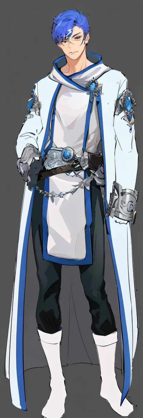 close-up of a man in white and blue clothes, Image of a male clergyman, suit with blue inserts, Ornate borders + Concept art, dressed as a clergyman, detailed full body concept art, cleric, Blue and silver ice armor, Armor and robes, highly detailed exquis...