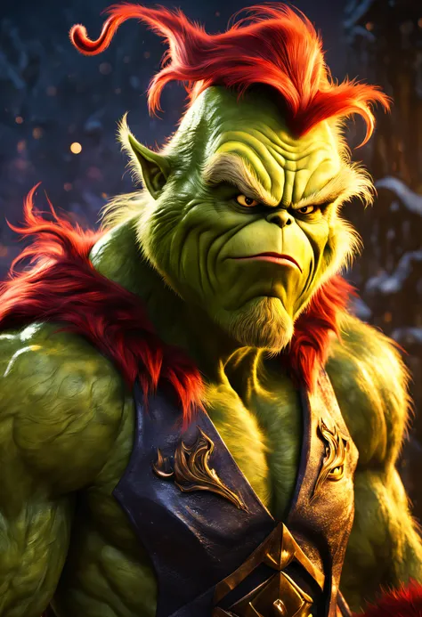 （Best quality），detailed back ground，CrossFire: The Grinch 3D World, Illuminated by a golden glow，with an axe，Feeling full of muscles，Red Grinch wears Thanos suit，The art of fighting，Powerful power，Red-haired old monster，Ominous old age