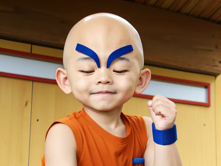 Orange shirt and blue wristbands, Asian man, Bald head, happy, 15 ed