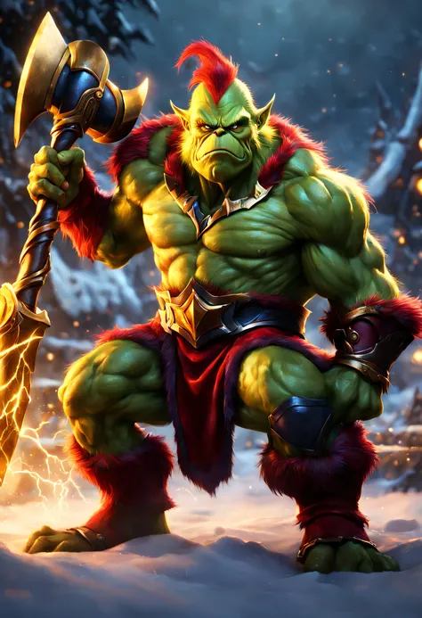 （Best quality），detailed back ground，League of Legends Red-haired Grinch 3D World, Illuminated by a golden glow，with an axe，Feeling full of muscles，Red Grinch wears Thanos suit，The art of fighting，Powerful power，Red-haired old monster，Ominous old age