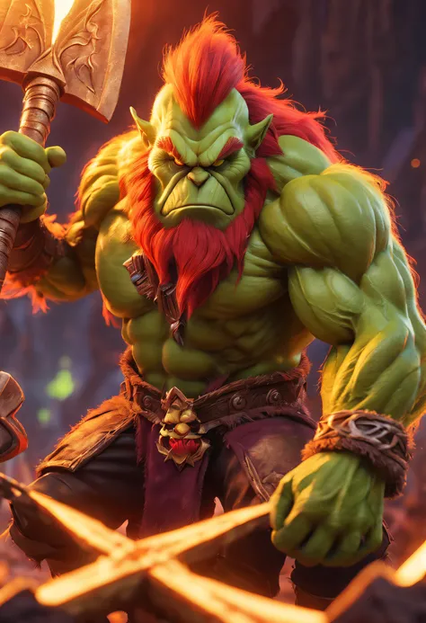 （Best quality），detailed back ground，Warcraft Red-haired Grinch 3D World, Illuminated by a golden glow，with an axe，Feeling full of muscles，Red Grinch wears Thanos suit，The art of fighting，Powerful power，Red-haired old monster，Ominous old age