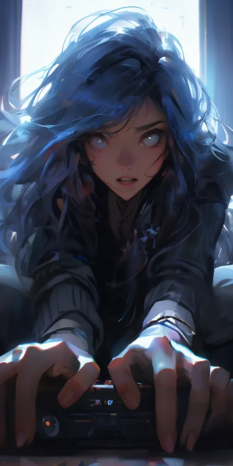 hay una mujer con cabello azul jugando un videojuego, Estilo Ross Tran, inspirado por Ross Tran, por Ross Tran, Al estilo de Ross Tran, Ross Tran 8 K, Ross Tran!!!, Pixar e Ilya Kuvshinov, Artgerm y Atey Ghailan, Loish y Ross Tran, Arte digital Ilya Kuvshi...