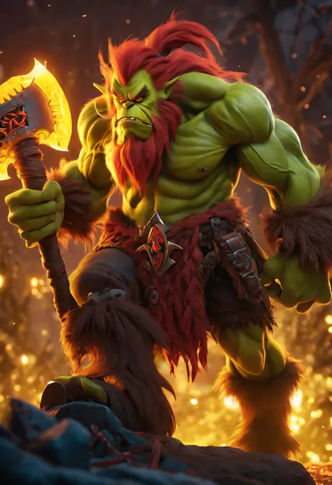 （Best quality），detailed back ground，Warcraft Red-haired Grinch 3D World, Illuminated by a golden glow，with an axe，Feeling full of muscles，Red-haired old monster，Ominous old age