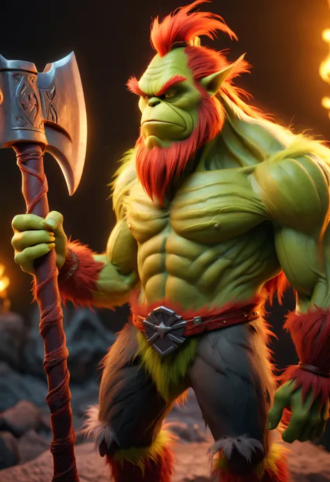 Warcraft Red-haired Grinch 3D World, Illuminated by a golden glow，with an axe，Feeling full of muscles，Red-haired old monster，Ominous old age