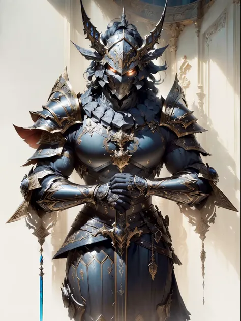 ((Best quality, 8K, tmasterpiece: 1.4)),((Stunningly detailed: 1.3)),((A high resolution: 1.2)),((The structure is correct1.1)),Huge body，male people，Huge and thick armor，towering helmet，Intricate ornate armor patterns，Armed with a huge sword，midynight，lig...