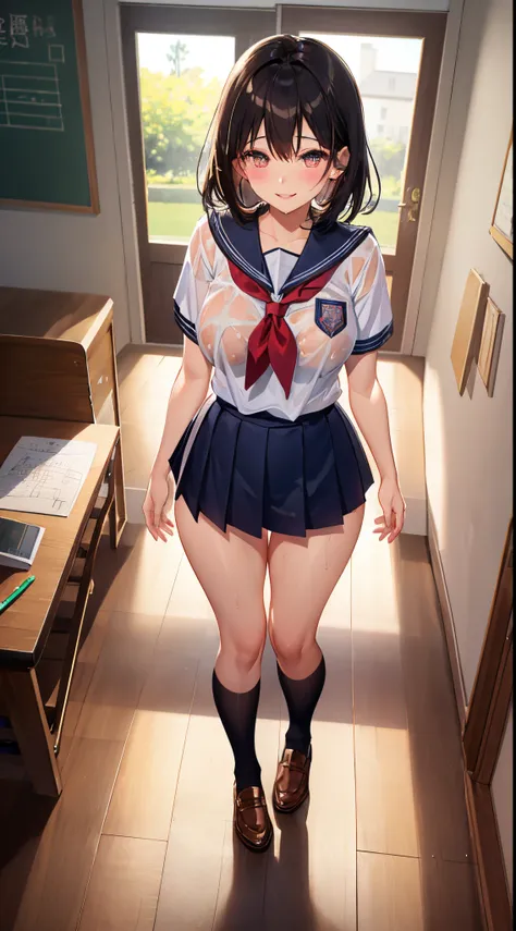 1girl in, Parted lips, blush, makeup, lightsmile, School uniform, Full body, Wide Angle, From  above, crass room, llight rays, Glow, thighs thighs thighs thighs, 鎖骨, Narrow waist, (masutepiece), Wallpaper,Wet body、Bras that can be seen even over clothes