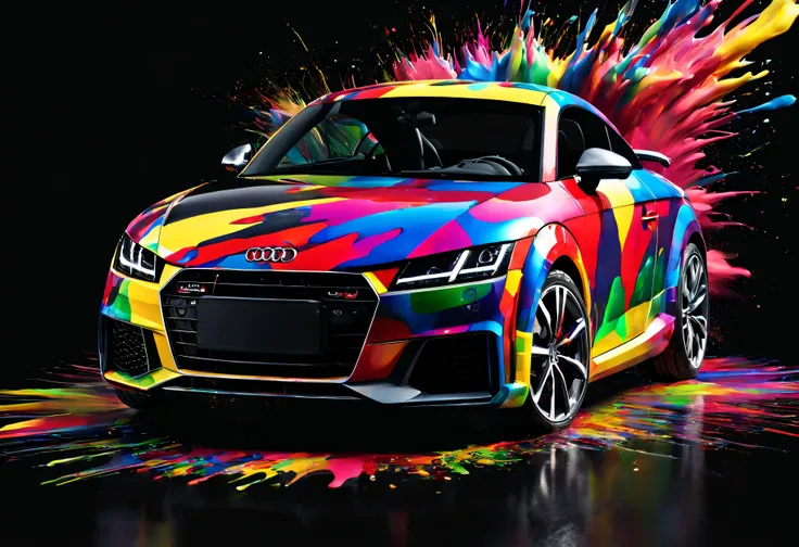 Audi TT 2022, black background, paint exploding in the background, multicolor background