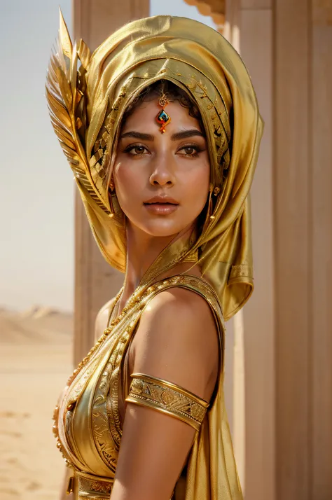 a close-up of an Indo-European woman, large firm breasts, full lips, beautiful face, silky skin, beautiful eyes ((intricate details)), wearing a headdress and a beautiful golden veil, in an Arab city ((detailed background)), Portrait realistic portrait of ...