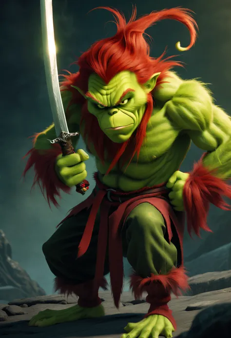 （Best quality at best），detailed back ground，Red-haired Grinch，Martial Arts Grinch，Red Grinch，The art of fighting，with sword，Powerful power，Red-haired old monster，Ominous old age