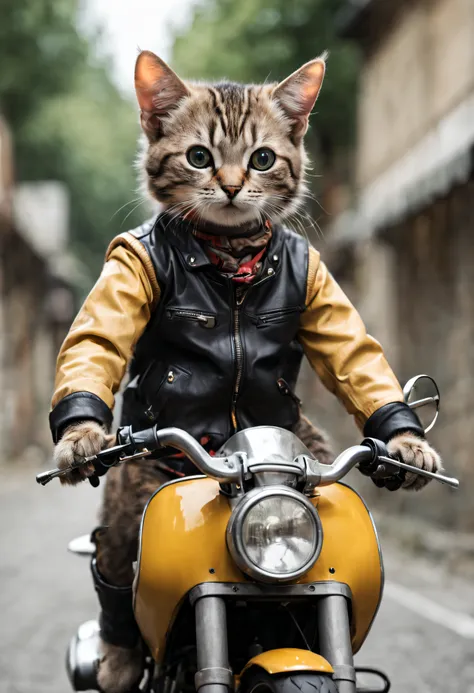 small cat, riding a motorbike, with human clothes