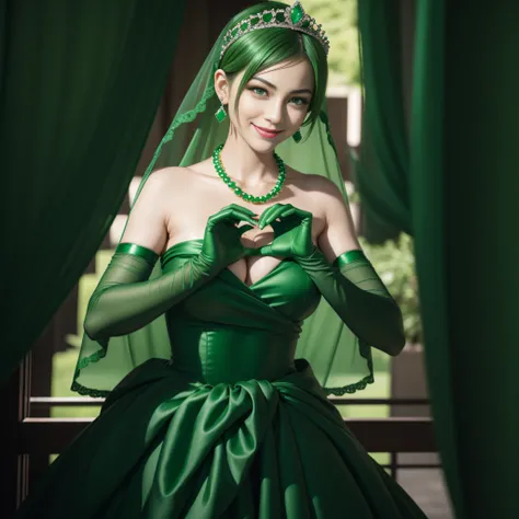 emerald tiara, Green Pearl Necklace, Boyish very short green hair, lipsticks, Japan woman smiling, very short short hair,  big breasts beautiful, Green eyes, Long green gloves made of satin material, Green eyes, Emerald Earrings, green vale, Heart with bot...